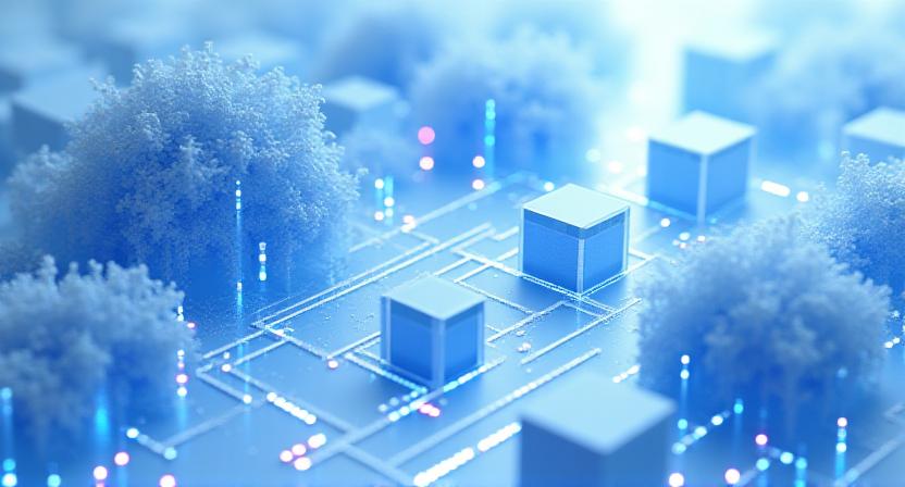 Abstract 3D visualisation of a high-speed data stream representing machine learning pipelines